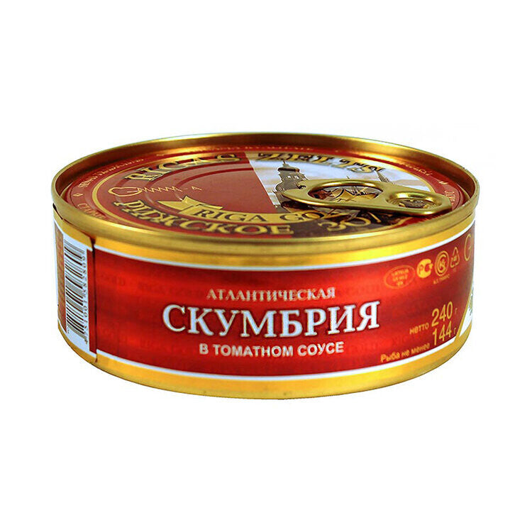 RIGA GOLD ATLANTIC MACKEREL FISH IN TOMATO SAUCE / SKUMBRIYA V TOMATE 240g