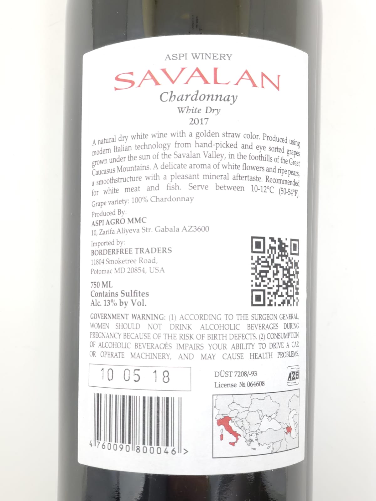 AZERBAIJANIAN-ITALIAN SAVALAN CHARDONNAY WHITE DRY WINE 0.75l